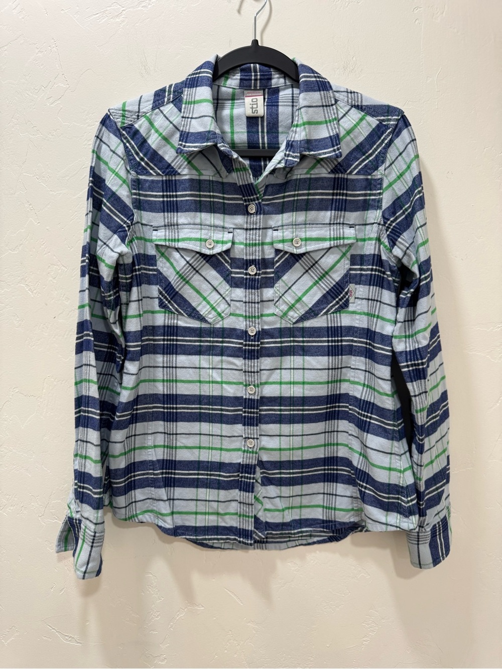 Stio Willow Flannel Shirt Long Sleeve Women Medium Plaid Blue Green